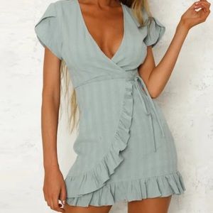 blue green ruffle mini dress